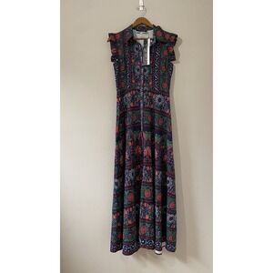 Dalia MacPhee Womens S Navy Blue Floral Maxi Button Front Ruffle‎ Sleeve A-Line
